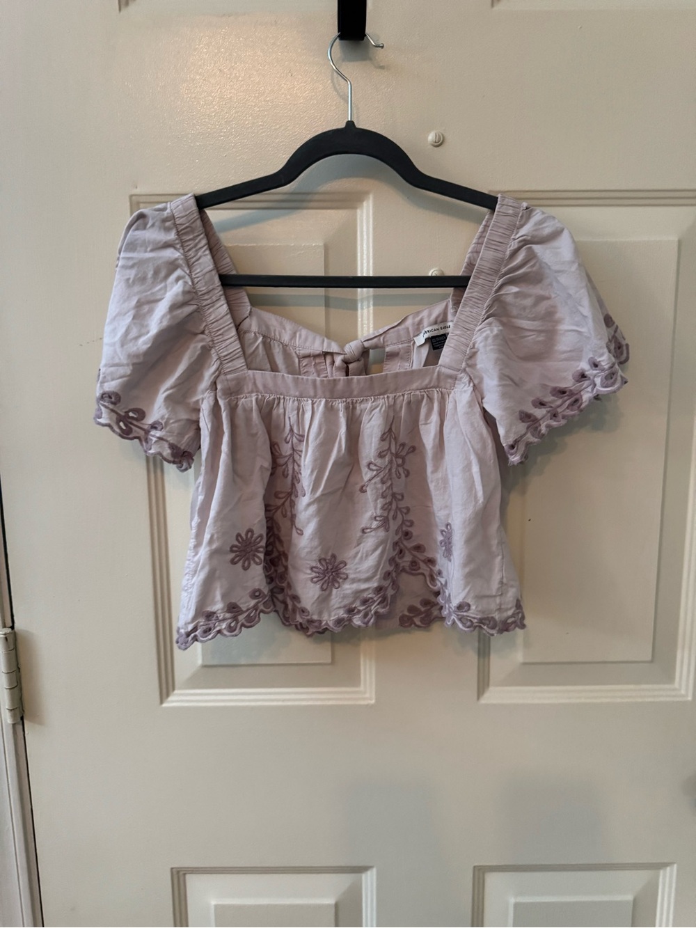 American Eagle Outfitters Lavender Embroidered Peasant Crop Top